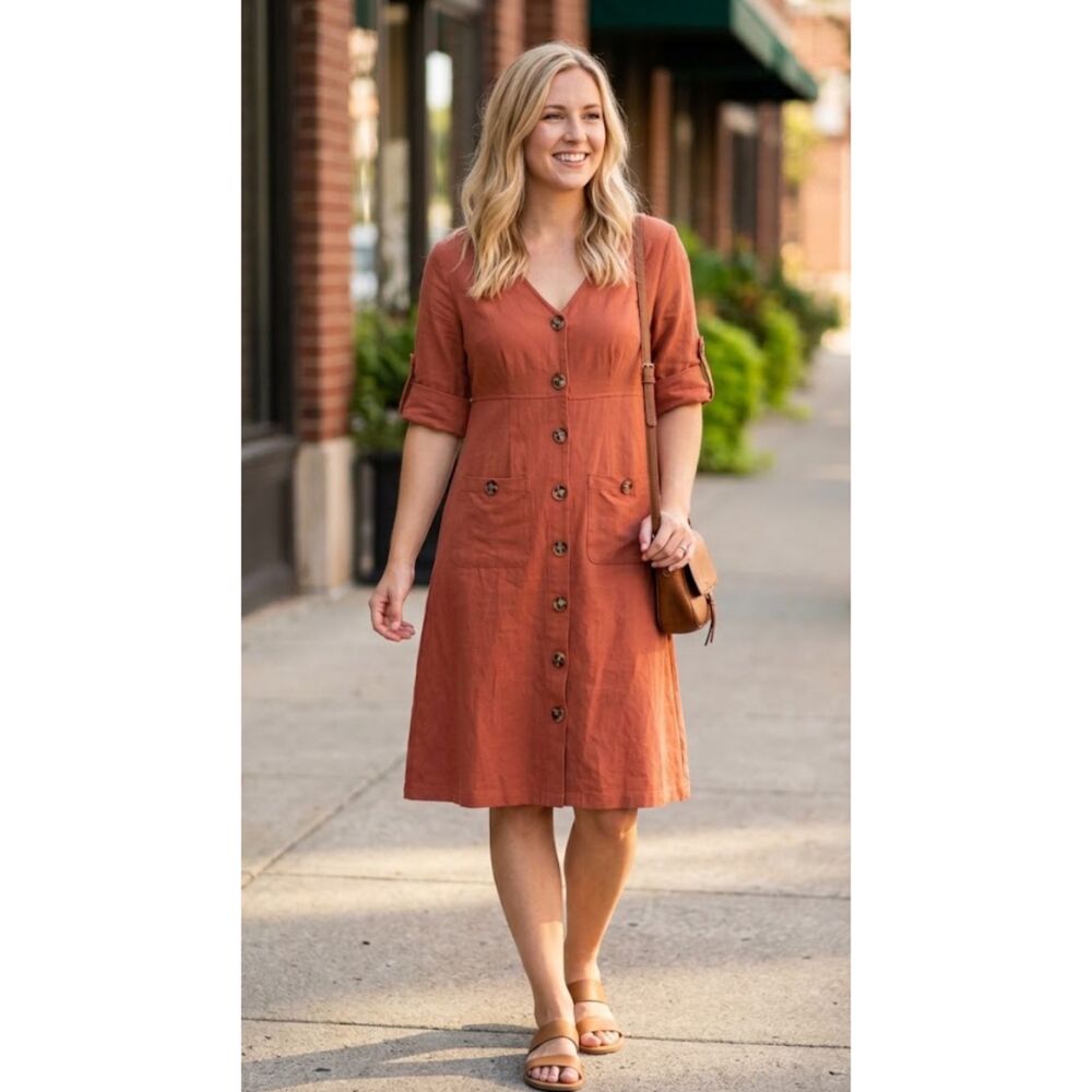New Emory Rose Roll Tab Sleeve Button Front Dual Pocket Dress Women's Size Small
